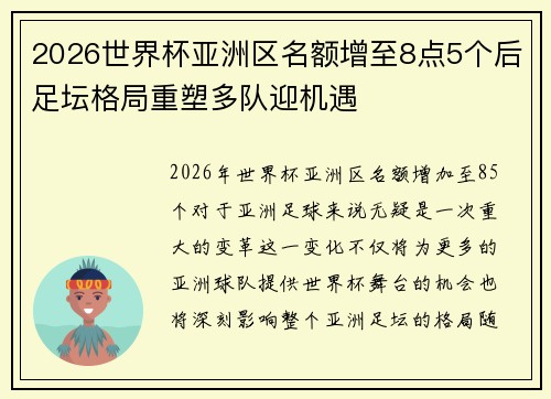 2026世界杯亚洲区名额增至8点5个后足坛格局重塑多队迎机遇 2026世界杯亚洲区名额增至8点5个后足坛格局重塑多队迎机遇